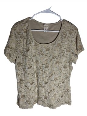 Women's Covington Lace Blouse XL Beige Silver Short Sleeve Top fancy chic gala